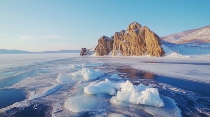 Frozen lake with rocky cliffs and ice floes under a clear sky.
