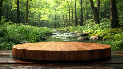 Wooden Podium Amidst Forest Serenity: A beautifully crafted wooden podium stands ready, set against a backdrop of a lush forest, a tranquil stream, and dappled sunlight.