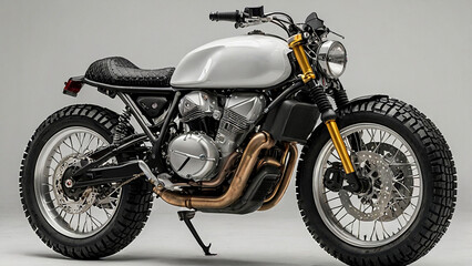 Scrambler Motorcycle with Carbon Fiber Body and Rugged Tires – Ultra-Detailed on White Background