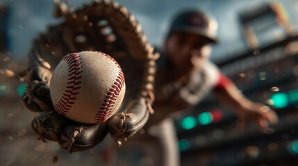 Stunning Action Shot of a Baseball Floating Mid-Air as a Glove Reaches to Catch It: High-Energy Sports Moment Capturing Precision, Tension, and the Thrill of the Game in Perfect Timing and Focus