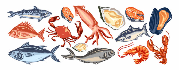 Set of Seafood Animal Illustrations