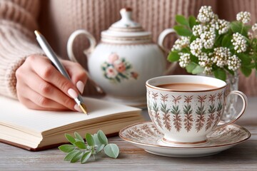 A person writing notes from an open book at a cozy study desk with a cup of tea