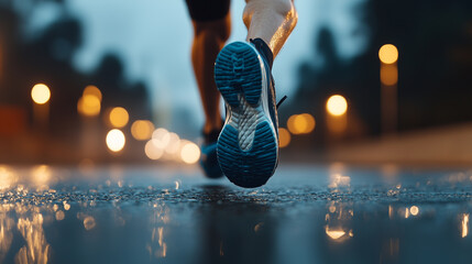 Close-up of running shoe sole hitting wet street with bokeh lights and reflections during evening jog.