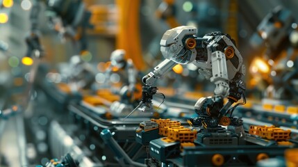 Fototapeta premium Futuristic robot assembly line in a high-tech factory