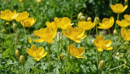 Obraz premium Selective focus shot of beautiful yellow flowers on a grass-covered field 1