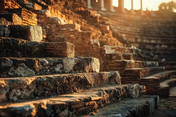 Ancient stone steps of a Roman amphitheater bathed in golden sunset light, showcasing the age and grandeur of the ruins.