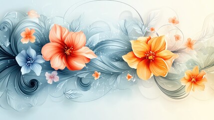 Colorful flowers and leaves are arranged in a decorative floral design