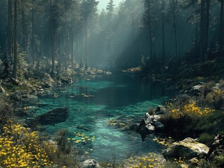 Enchanted Forest River: Tranquil Waters, Lush Greenery, Serene Nature
