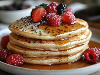 Fluffy Pancakes Topped with Berries and Syrup