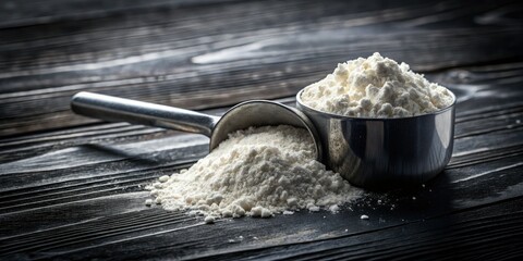 Creatine scoop, long exposure, dark wood &acirc;&euro;&ldquo; gym pre-workout energy visualized.