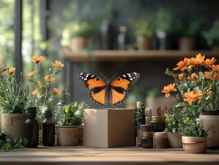 Butterfly on Cube, Surrounded by Blooming Flowers and Plants