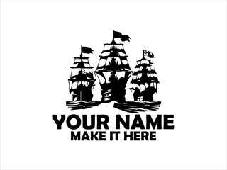 Three majestic sailing ships navigating choppy ocean waves under a  monochrome engraving style. Nautical concept and logo vector design