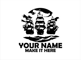 Three majestic sailing ships navigating choppy ocean waves under a  monochrome engraving style. Nautical concept and logo vector design