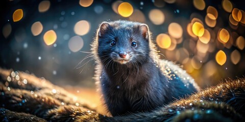 Obraz premium A nocturnal wildlife image: black mink, luxurious dark fur, captivating long exposure.