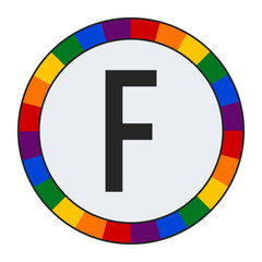Fototapeta premium Bold Capital Letter F in Center of Colorful Circular Rainbow Border on Light Gray Background, enclosed in a black frame.