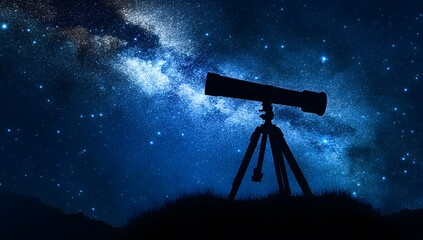 Telescope silhouette against a starry night sky with milky way galaxy background.