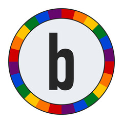 Obraz premium Bold lowercase letter b in Center of Colorful Circular Rainbow Border on Light Gray Background, enclosed in a black frame.