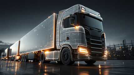 Futuristic truck with digital overlay on highway at night, showcasing advanced technology