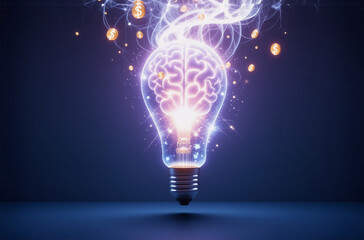 A glowing brain inside a lightbulb emits bright sparks and lines of light against a dark blue backdrop, symbolizing ideas and innovation.