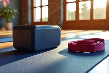 Modern yoga essentials arranged on wooden floor in a sunlit minimalist studio space with large windows, composition features a gray foam block and rolled burgundy yoga strap