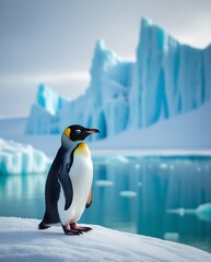 Obraz premium Solitary emperor penguin on snow-covered ice near crystal-clear Antarctic ocean and iceberg cliffs, representing the cold serenity and untouched nature of the polar regions