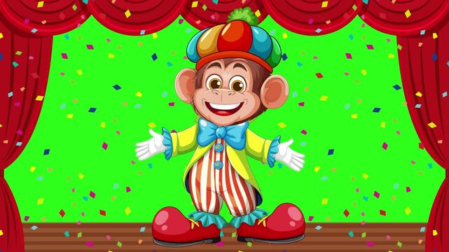 Cheerful Clown Monkey on Stage with Confetti