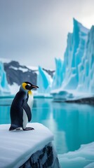 Fototapeta premium Solitary emperor penguin on snow-covered ice near crystal-clear Antarctic ocean and iceberg cliffs, representing the cold serenity and untouched nature of the polar regions