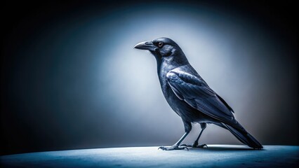 Obraz premium Dark background, mysterious crow silhouette, solitary and stark against a white edge.
