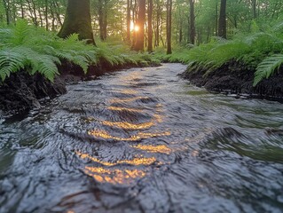 Sunset Stream Flows Through Lush Forest Ferns