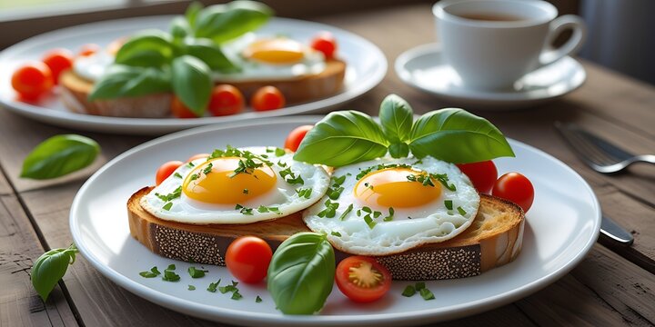 Delicious breakfast plate with sunny-side-up eggs on toast, garnished with fresh herbs, cherry tomatoes, and basil, served with coffee in a bright cozy kitchen setting
