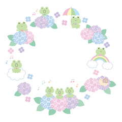 かわいいカエルと紫陽花のフレームのベクターイラスト。梅雨、枠、カエルの合唱、音符、カタツムリ