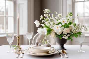 A simple elegant table setting with gold-rimmed plate, silk napkin, and one candle