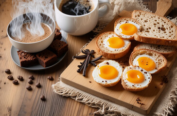 A delightful breakfast scene featuring steaming coffee, fried eggs in toast, and brownies arranged on a wooden board, creating a warm and inviting start to the day.