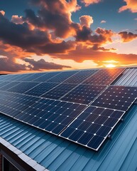 Photovoltaic solar panels on rooftop with dramatic sunset sky, illustrating green energy solutions, eco-friendly power generation, and sustainable infrastructure



