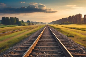 Fototapeta premium Railroad tracks recede to the horizon dark summer sky.generative.ai