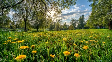 Obraz premium Vibrant Yellow Dandelions Blooming in Lush Green Spring Meadow Sunny Day Peaceful Nature Scene Tranquil Pastoral Landscape Beautiful Summer Field 