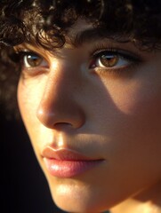 Natural light portrait Emotive storytelling portraits A close-up portrait of a young woman with curly hair, showcasing a serene expression and captivating eyes in soft light.
