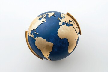 Fototapeta premium Modern Minimalist Blue and Gold Metallic World Globe Sculpture Isolated on White