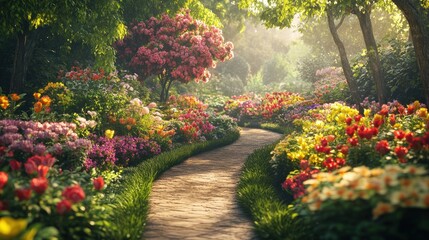 Fototapeta premium Sunlit garden path through vibrant blooms