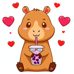 Adorable Capybara Drinking Bubble Tea with Hearts &ndash; Cute Kawaii Animal Vector

