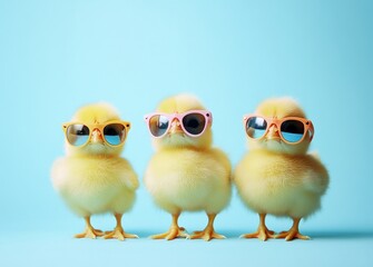 Three cute baby chicks wearing sunglasses adorable animals yellow.