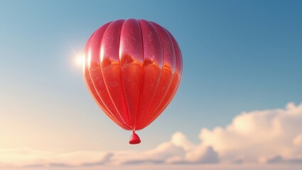 Fototapeta premium Red Hot Air Balloon Soaring Through a Sunny Sky with Clouds