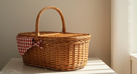 Fototapeta premium Wicker Picnic Basket with Red Gingham Fabric on White Table