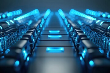 Futuristic server room with glowing blue components, representing high-tech data processing and network infrastructure.