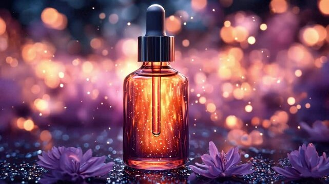 Amber Elixir Bottle: A captivating image of an amber glass bottle filled with a golden elixir, set against a backdrop of soft purple bokeh lights and delicate flowers.