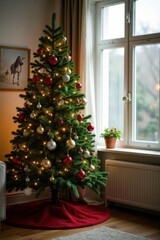 Evergreen Christmas tree with ornaments in a cozy living room background, holiday decor, , evergreen christmas tree