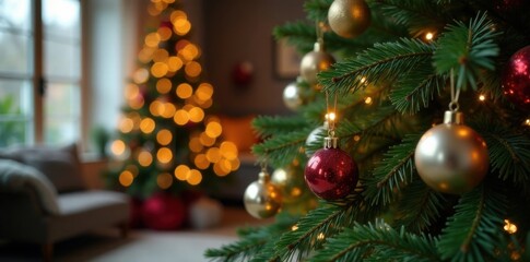 Evergreen Christmas tree in a cozy living room with soft warm light and ornaments on the branches, Christmas tree, Christmas ambiance