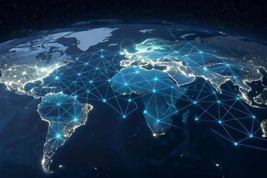 Global Network from Space: Illuminated World Map with Blue Data Connections - Powered by Adobe