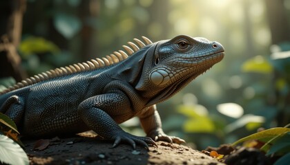 Fototapeta premium Iguana Resting in Lush Green Forest with Sunlight and Tropical Leaves