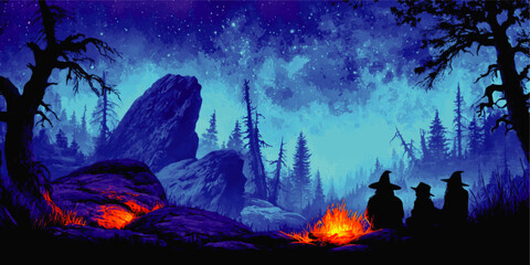 Obraz premium Enchanting Mystical Night Scene Vector Art of Three Witches Around Campfire Under Starry Sky with Majestic Mountains and Ancient Forest for Fantasy and Magic Themes